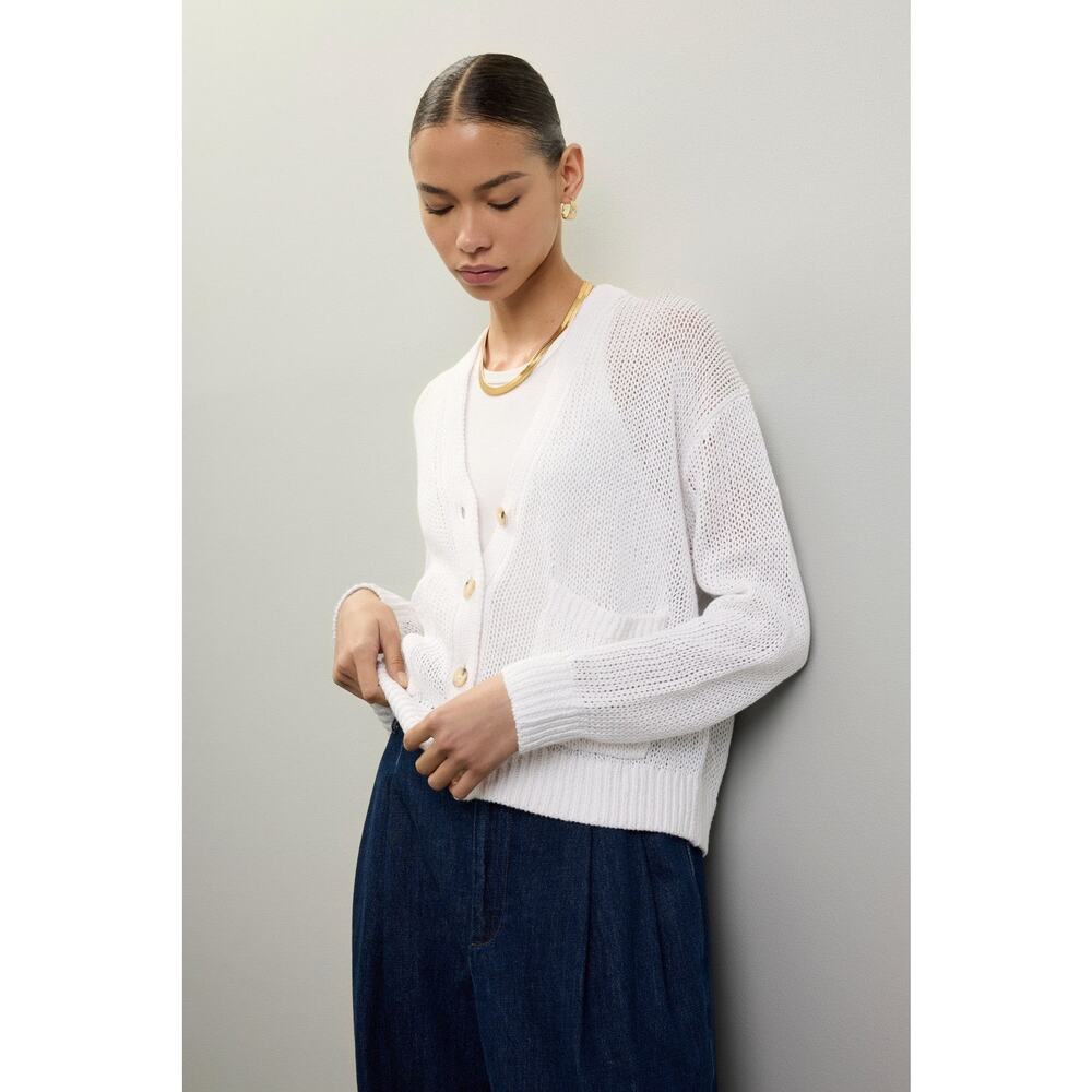 POLO RALPH LAUREN White Linen Blend Long Sleeve Knit Button Front Cardigan M